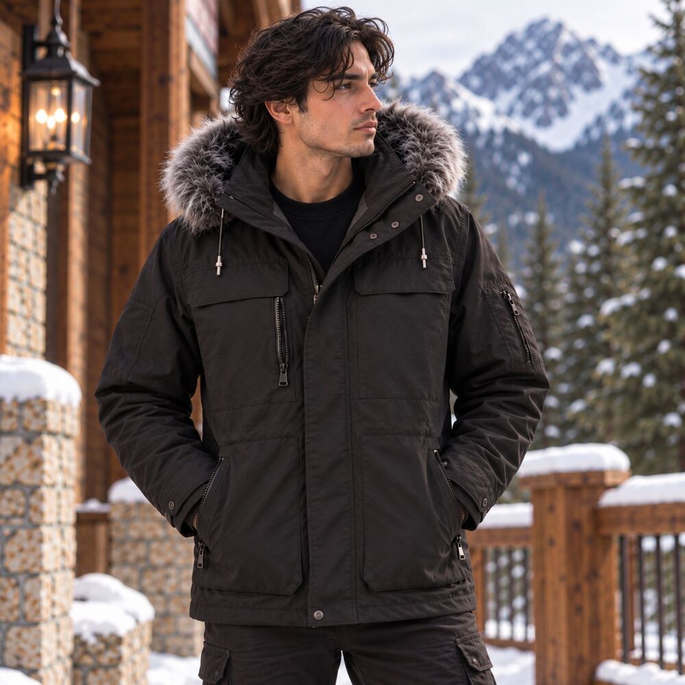 Andrew Marc Men’s Black Down Parka M Real Fox Fur Trim Hood Winter Coat